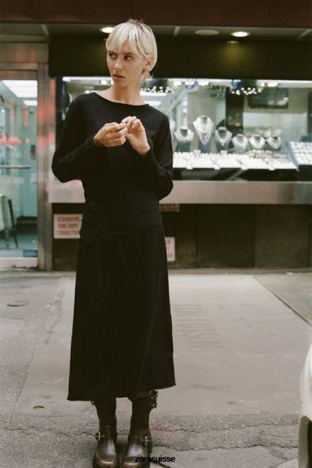 Zara vêtements P66V228 femmes robe midi en maille à ceinture noir