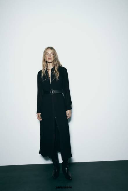 Zara vêtements P66V232 femmes robe midi plissée à ceinture noir