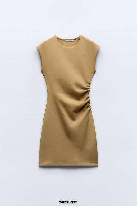 Zara vêtements P66V235 femmes robe ajustée froncée kaki
