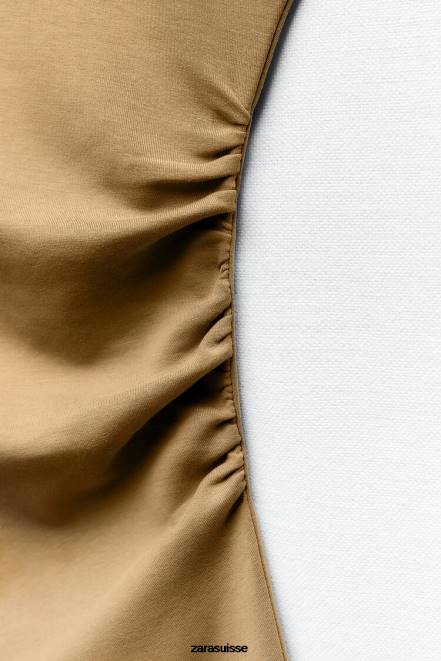 Zara vêtements P66V235 femmes robe ajustée froncée kaki