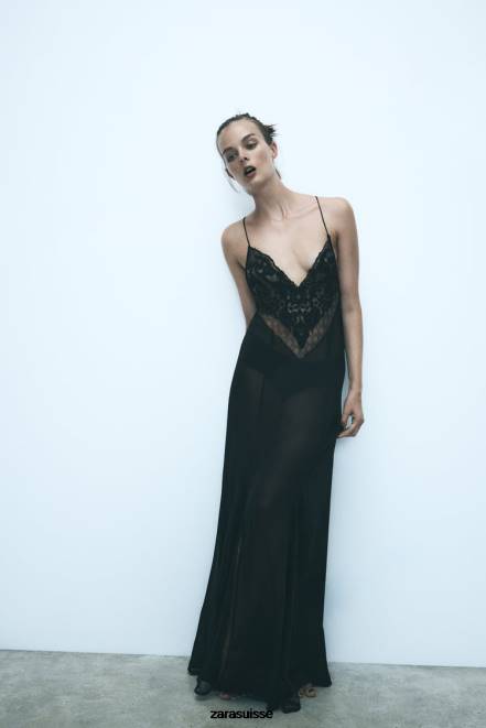 Zara vêtements P66V236 femmes robe en georgette à bordure en guipure noir