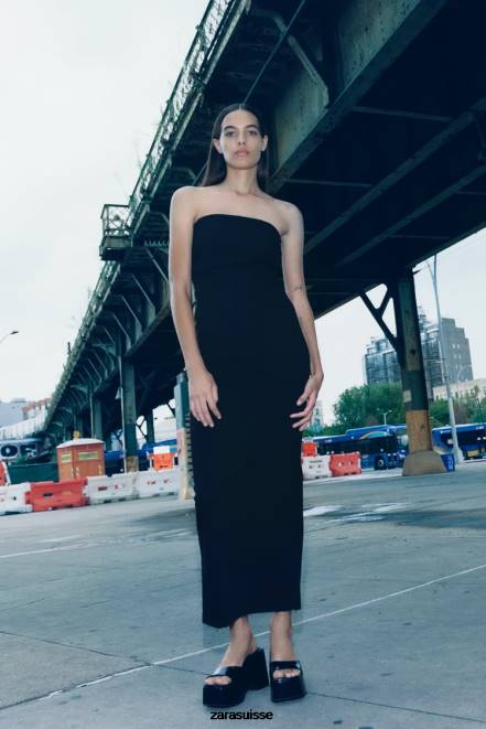 Zara vêtements P66V237 femmes robe en jean sans bretelles zw noir