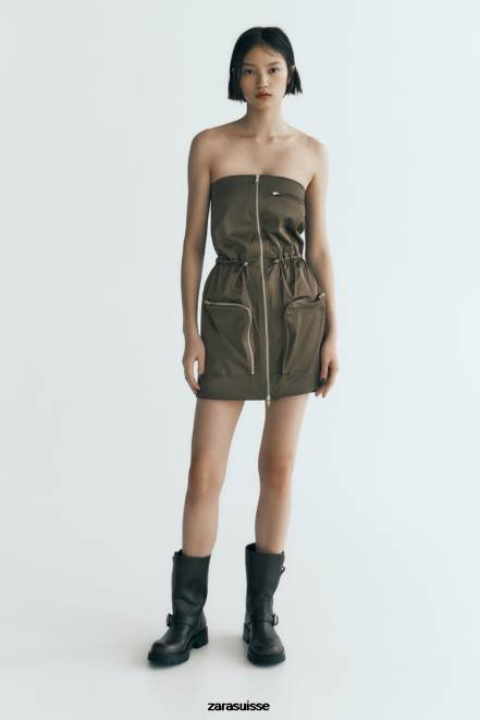 Zara vêtements P66V240 femmes robe bustier kaki foncé