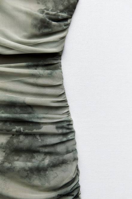 Zara vêtements P66V244 femmes robe en tulle imprimé à découpes légumes verts