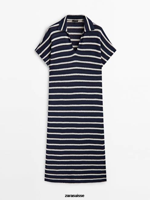 Zara vêtements P66V838 femmes robe polo en coton mélangé texturé à rayures bleu marine