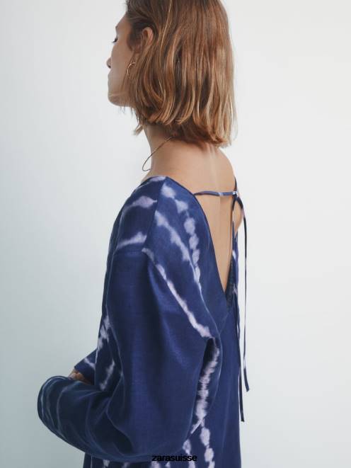 Zara vêtements P66V839 femmes caftan bleu tie-dye 100% lin bleu clair