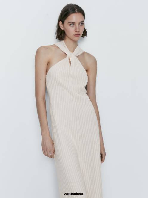 Zara vêtements P66V841 femmes robe texturée à bretelles croisées écru