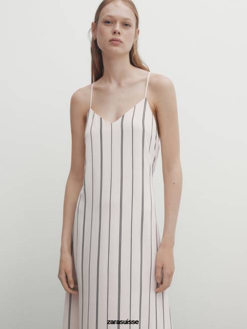Zara vêtements P66V848 femmes robe midi fluide à rayures écru