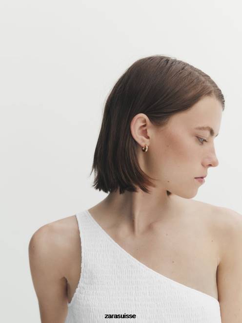 Zara vêtements P66V859 femmes robe midi asymétrique en popeline blanc