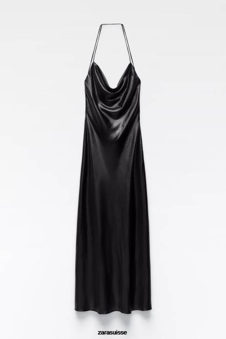 Zara vêtements P66V934 femmes robe nuisette métallisée noir