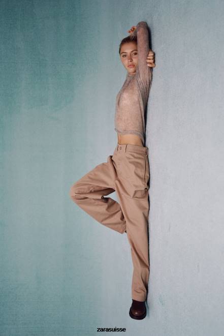 Zara vêtements P66V478 femmes pull en maille ajourée gris taupe