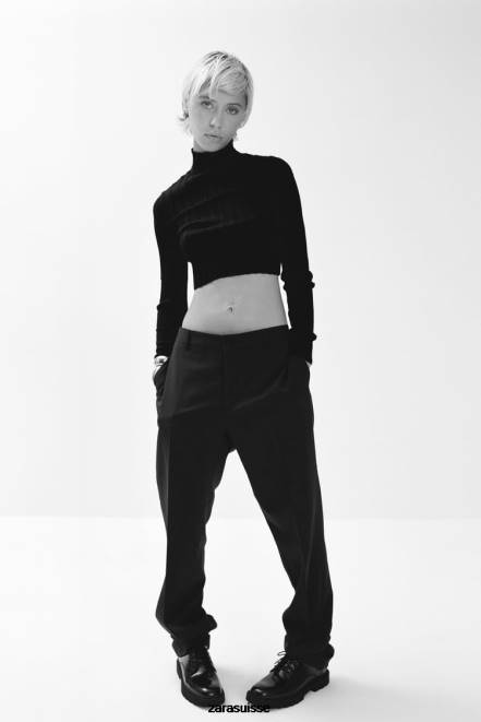 Zara vêtements P66V480 femmes pull court en maille côtelée noir