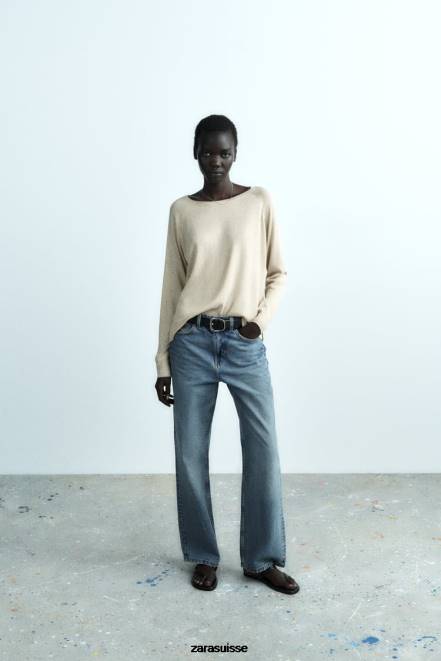 Zara vêtements P66V877 femmes pull kinit en fil métallisé doré