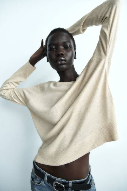 Zara vêtements P66V877 femmes pull kinit en fil métallisé doré