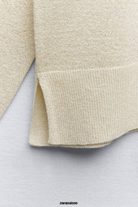 Zara vêtements P66V877 femmes pull kinit en fil métallisé doré