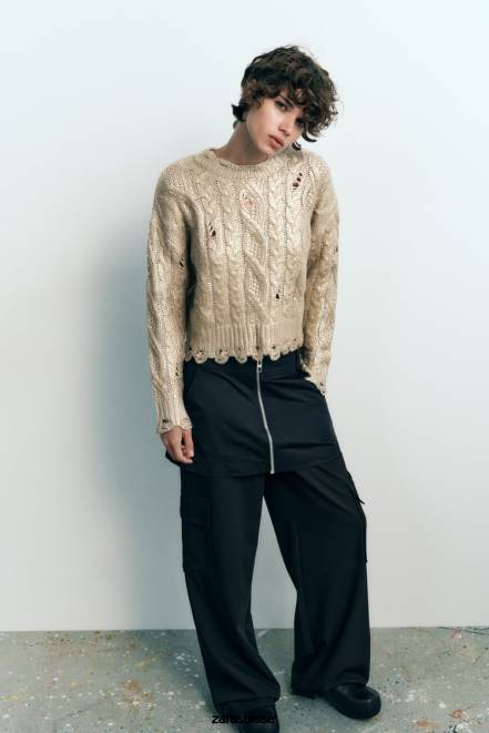 Zara vêtements P66V941 femmes pull métallisé en maille torsadée vison clair
