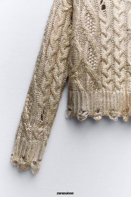 Zara vêtements P66V941 femmes pull métallisé en maille torsadée vison clair
