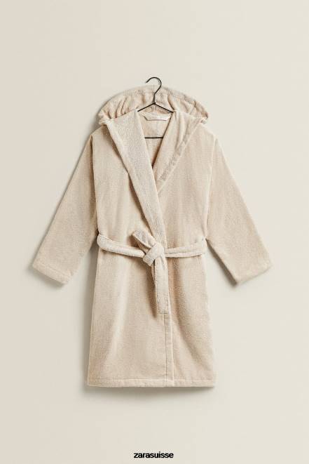 Zara vêtements P66V1743 femmes peignoir en coton avec capuche sable