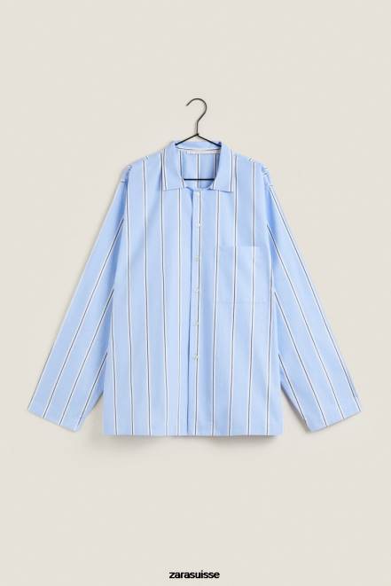 Zara vêtements P66V1793 femmes chemise en coton rayé bleu