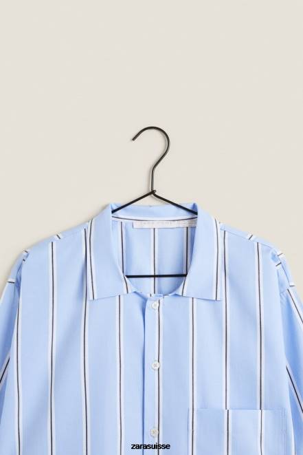Zara vêtements P66V1793 femmes chemise en coton rayé bleu