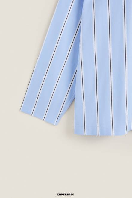 Zara vêtements P66V1793 femmes chemise en coton rayé bleu
