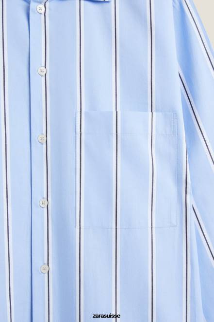 Zara vêtements P66V1793 femmes chemise en coton rayé bleu