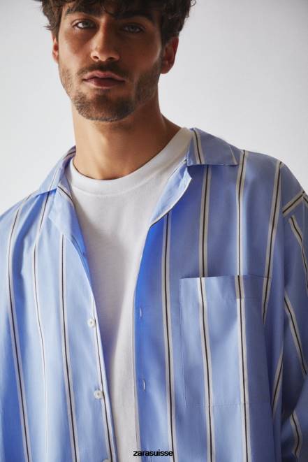 Zara vêtements P66V1793 femmes chemise en coton rayé bleu