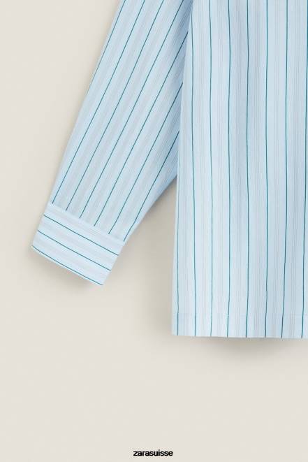 Zara vêtements P66V1795 femmes chemise à fines rayures bleu