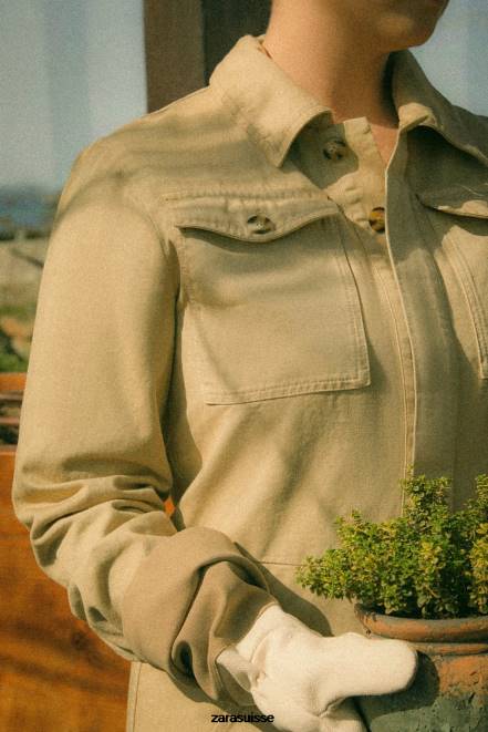 Zara vêtements P66V1820 femmes salopette de jardin à manches longues Beige foncé