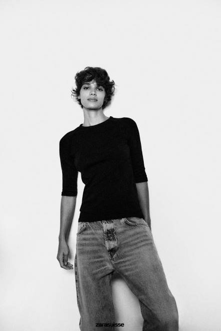 Zara vêtements P66V943 femmes t-shirt en coton flammé épais noir