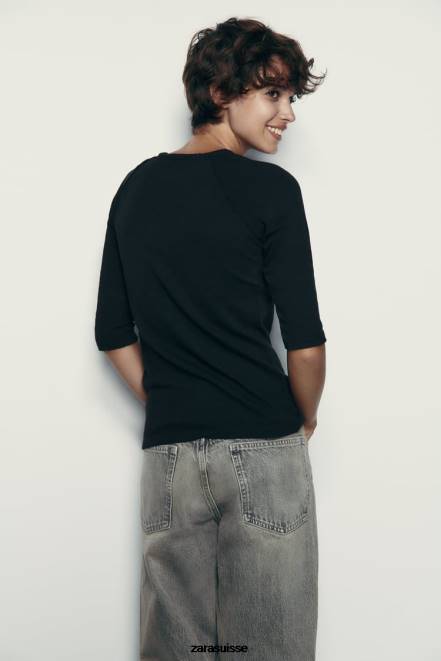 Zara vêtements P66V943 femmes t-shirt en coton flammé épais noir