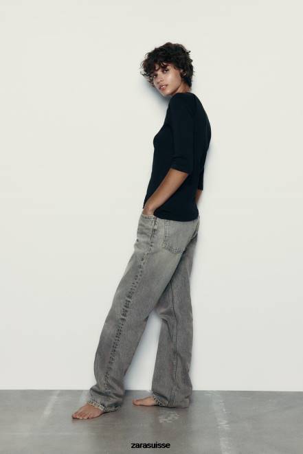 Zara vêtements P66V943 femmes t-shirt en coton flammé épais noir