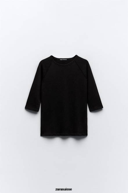 Zara vêtements P66V943 femmes t-shirt en coton flammé épais noir