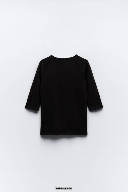 Zara vêtements P66V943 femmes t-shirt en coton flammé épais noir