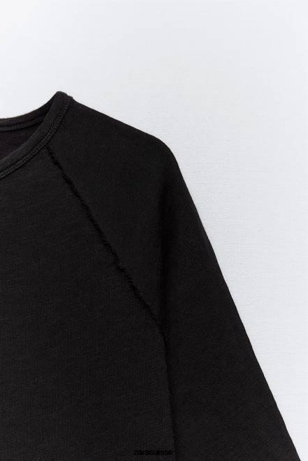 Zara vêtements P66V943 femmes t-shirt en coton flammé épais noir