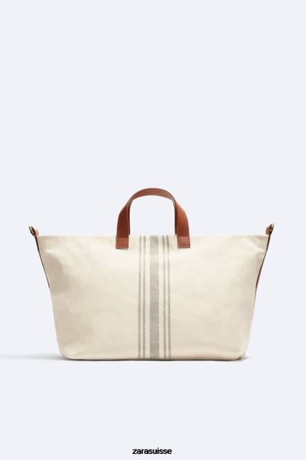 Zara accessoires P66V1312 Hommes sac fourre-tout en toile/cuir - édition limitée blanc cassé