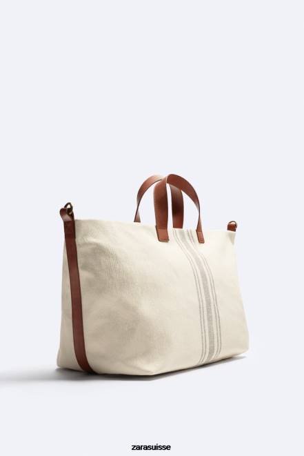 Zara accessoires P66V1312 Hommes sac fourre-tout en toile/cuir - édition limitée blanc cassé