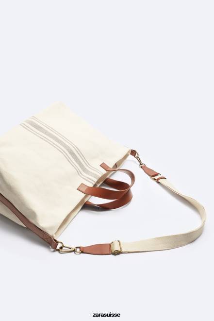 Zara accessoires P66V1312 Hommes sac fourre-tout en toile/cuir - édition limitée blanc cassé