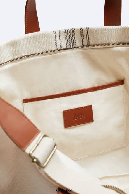 Zara accessoires P66V1312 Hommes sac fourre-tout en toile/cuir - édition limitée blanc cassé