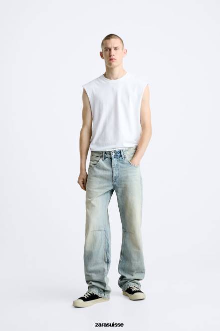Zara vêtements P66V1086 Hommes jean zippé vintage bleu clair