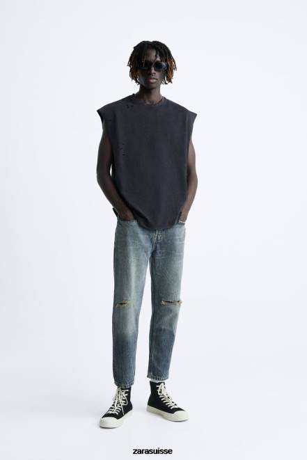 Zara vêtements P66V1091 Hommes jean slim raccourci bleu
