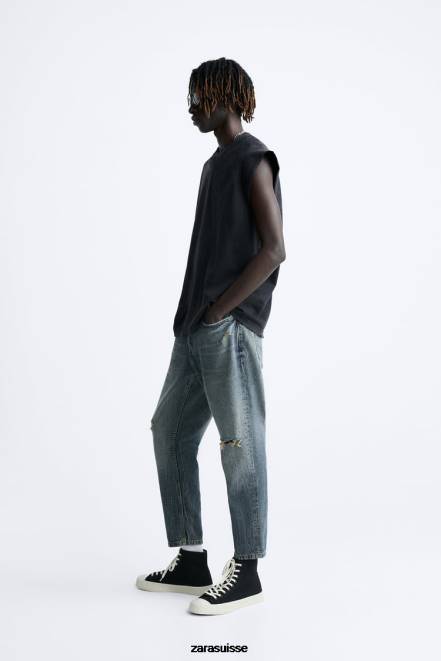 Zara vêtements P66V1091 Hommes jean slim raccourci bleu