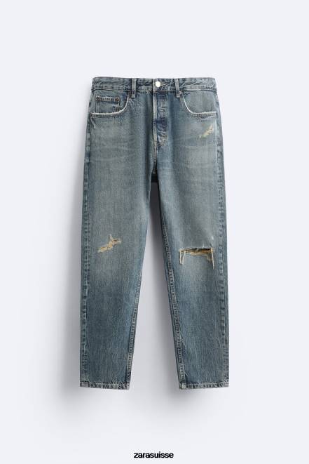 Zara vêtements P66V1091 Hommes jean slim raccourci bleu