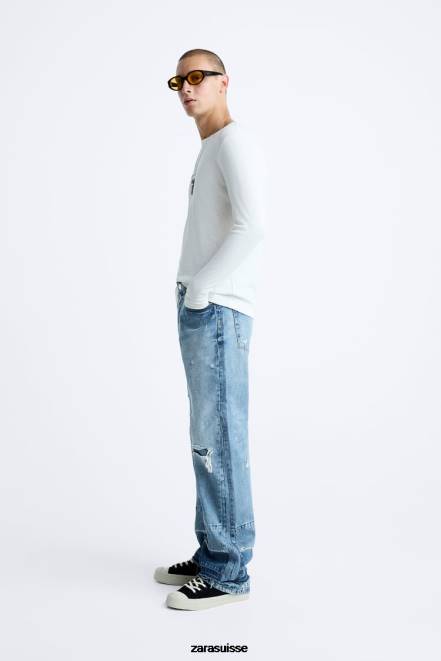 Zara vêtements P66V1092 Hommes jean déchiré décontracté bleu moyen