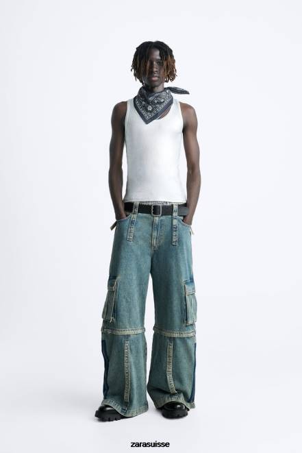 Zara vêtements P66V1103 Hommes jean cargo amovible bleu vert