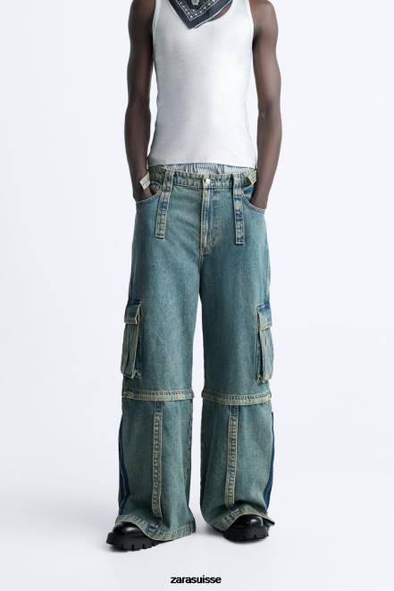 Zara vêtements P66V1103 Hommes jean cargo amovible bleu vert