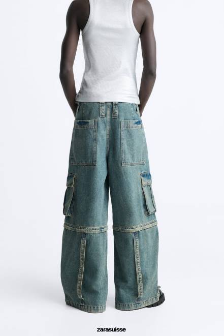 Zara vêtements P66V1103 Hommes jean cargo amovible bleu vert
