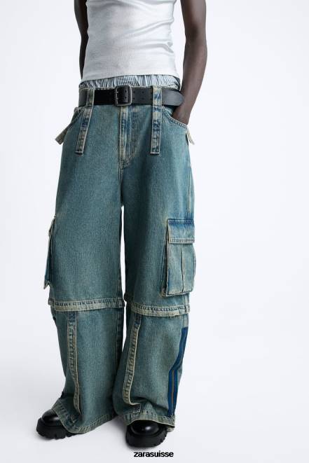 Zara vêtements P66V1103 Hommes jean cargo amovible bleu vert