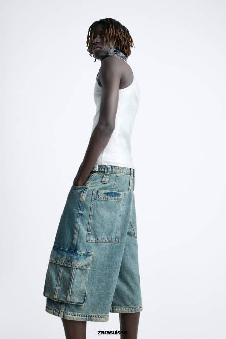 Zara vêtements P66V1103 Hommes jean cargo amovible bleu vert