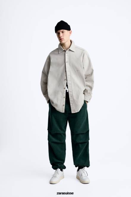 Zara vêtements P66V950 Hommes pantalon de parachute en velours côtelé bouteille verte